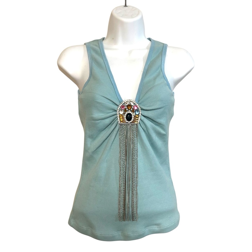 Y2K Sky ribbed tank embellished jewel bedazzle chain fringe front vintage indie